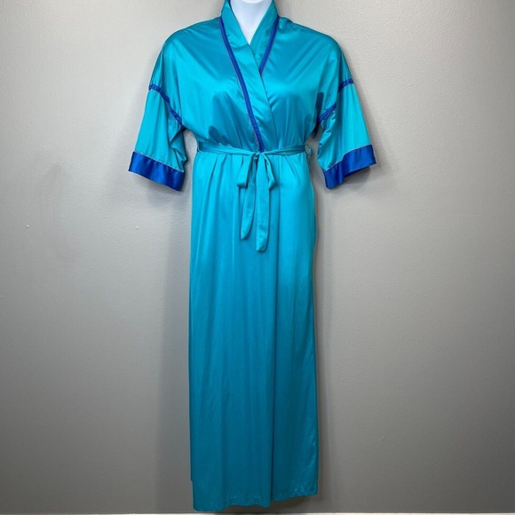 Diane Von Furstenberg Vintage 80's Long Robe Womens XS Satin Wrap Blue - Picture 1 of 16